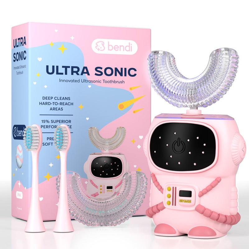 Bendi Sensory 360 Round UShaped Astronaut Design Mouthguard Electric Toothbrush for Kids Ages 27 Automatic Memory Function 5 Modes Toothbrush with Multiple Heads Kids Travel Essentials Pink
